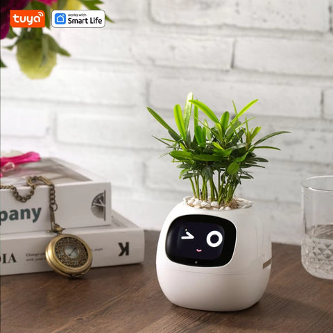 White Tuya Ivy Smart Planter,Endless Fun Over 49 Rich Expressions,7 smart sensors and AI Chips Make Raising Plants Easy and Fun